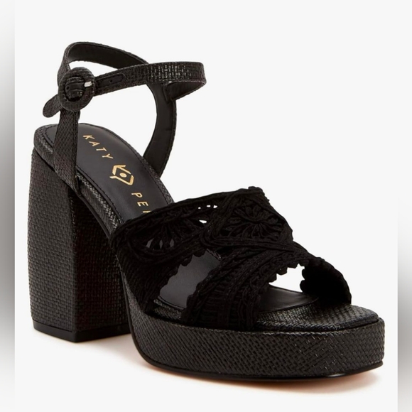 NWT KATY PERRY HTE MEADOW UPPER CROCHET BLACK SANDALS PLATFORM SIZE 9.5 - Picture 1 of 10